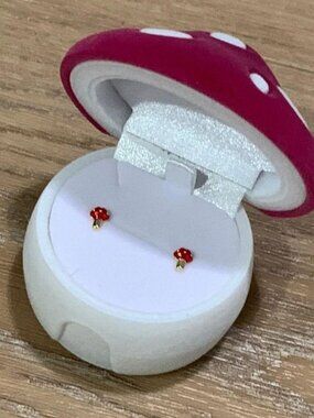 dainty petite tiny red & gold mushroom earrings